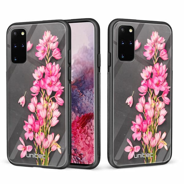 Samsung Galaxy S20 Plus 5G unitec suojakuori 2 Pink Flowers on Carbon Grey Background