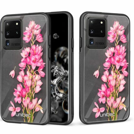 Samsung Galaxy S20 Ultra 5G unitec suojakuori 2 Pink Flowers on Carbon Grey Background