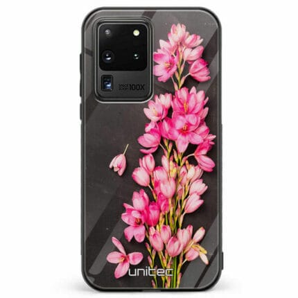 Samsung Galaxy S20 Ultra 5G unitec suojakuori Pink Flowers on Carbon Grey Background