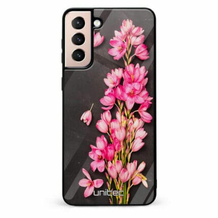 Samsung Galaxy S21 5G unitec suojakuori Pink Flowers on Carbon Grey Background