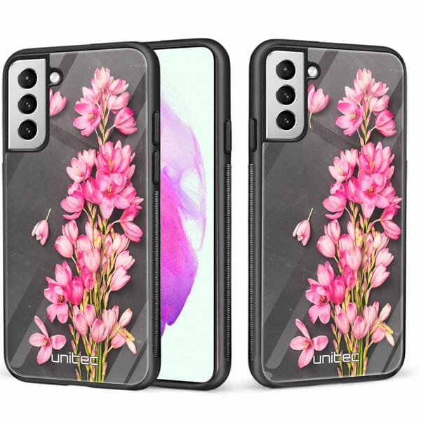 Samsung Galaxy S21 Plus 5G unitec suojakuori 2 Pink Flowers on Carbon Grey Background