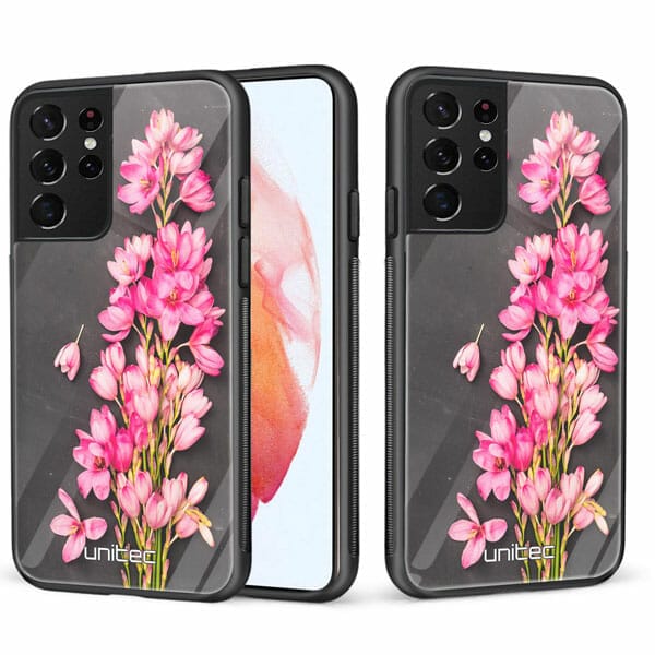 Samsung Galaxy S21 Ultra 5G unitec suojakuori 2 Pink Flowers on Carbon Grey Background