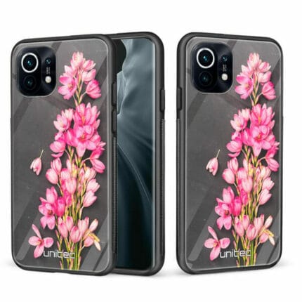 Xiaomi Mi 11 unitec suojakuori 2 Pink Flowers on Carbon Grey Background
