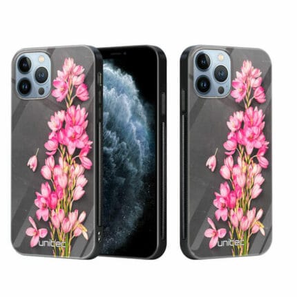 iPhone 11 Pro unitec suojakuori 2 Pink Flowers on Carbon Grey Background
