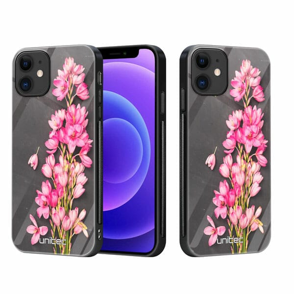 iPhone 12 Mini unitec suojakuori 2 Pink Flowers on Carbon Grey Background