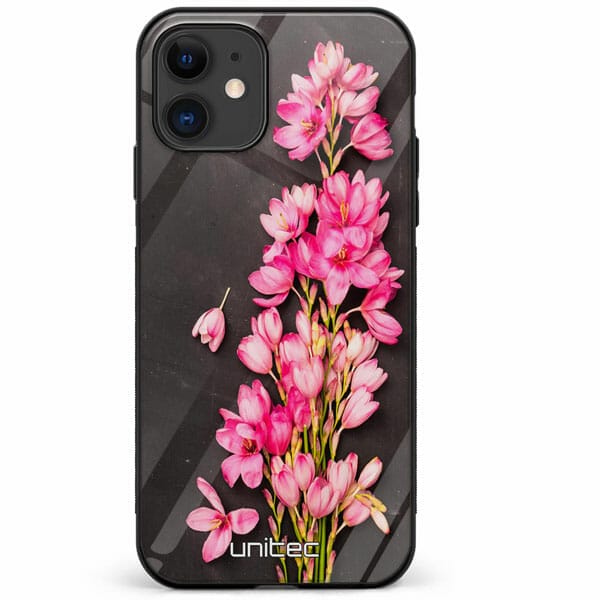 iPhone 12 Mini unitec suojakuori Pink Flowers on Carbon Grey Background