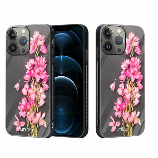 iPhone 12 Pro Max unitec suojakuori 2 Pink Flowers on Carbon Grey Background