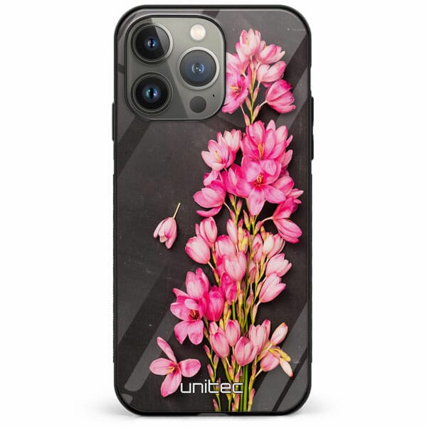 iPhone 12 Pro Max unitec suojakuori Pink Flowers on Carbon Grey Background