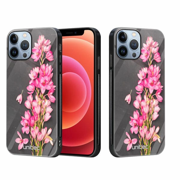 iPhone 12 Pro unitec suojakuori 2 Pink Flowers on Carbon Grey Background