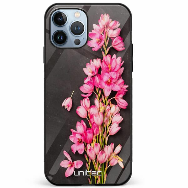 iPhone 12 Pro unitec suojakuori Pink Flowers on Carbon Grey Background