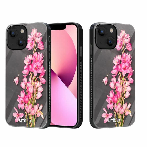 iPhone 13 Mini unitec suojakuori 2 Pink Flowers on Carbon Grey Background