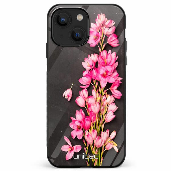 iPhone 13 Mini unitec suojakuori Pink Flowers on Carbon Grey Background