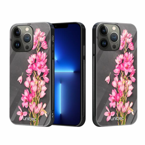 iPhone 13 Pro Max unitec suojakuori 2 Pink Flowers on Carbon Grey Background