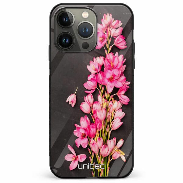 iPhone 13 Pro Max unitec suojakuori Pink Flowers on Carbon Grey Background