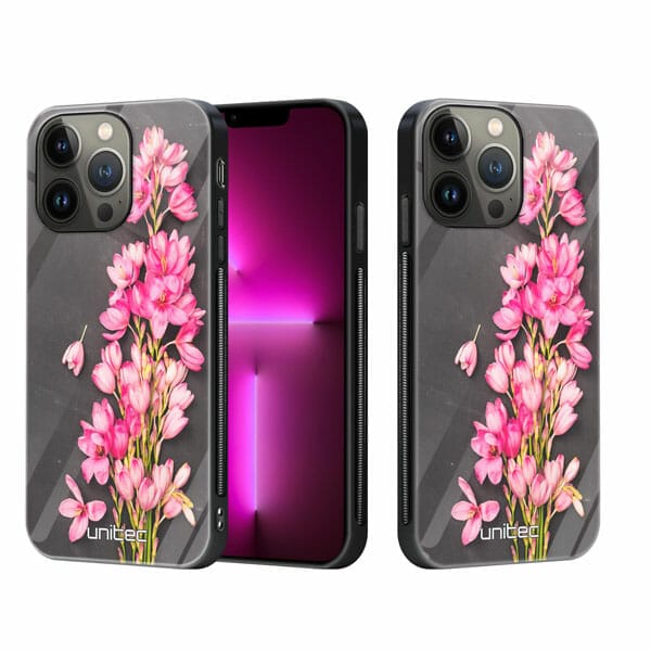iPhone 13 Pro unitec suojakuori 2 Pink Flowers on Carbon Grey Background