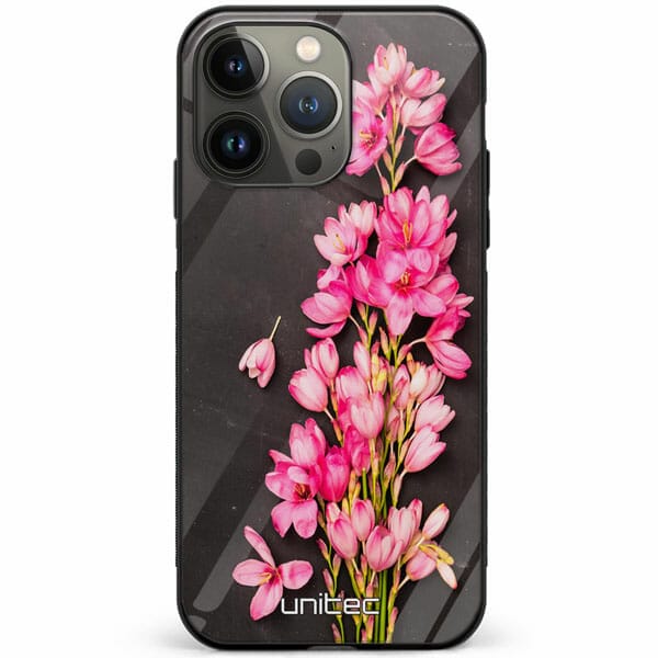 iPhone 13 Pro unitec suojakuori Pink Flowers on Carbon Grey Background