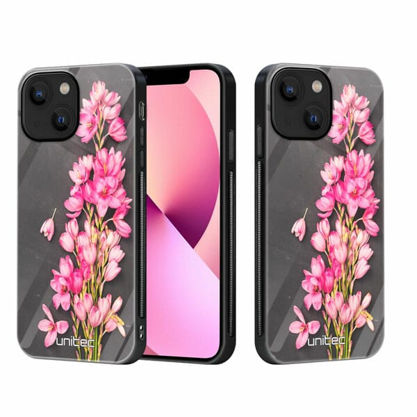 iPhone 13 unitec suojakuori 2 Pink Flowers on Carbon Grey Background