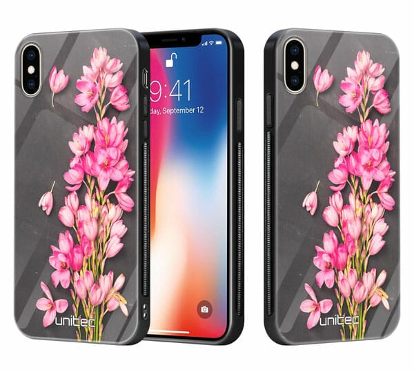 iPhone X unitec suojakuori 2 Pink Flowers on Carbon Grey Background