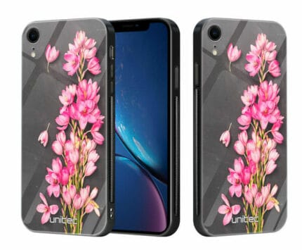 iPhone XR unitec suojakuori 2 Pink Flowers on Carbon Grey Background
