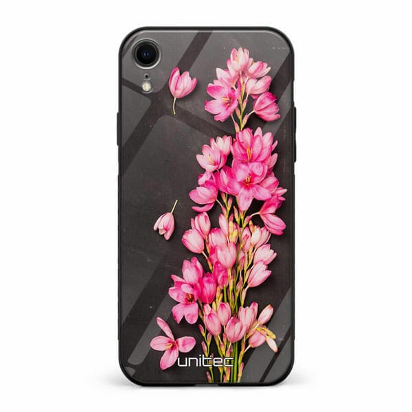 iPhone XR unitec suojakuori Pink Flowers on Carbon Grey Background