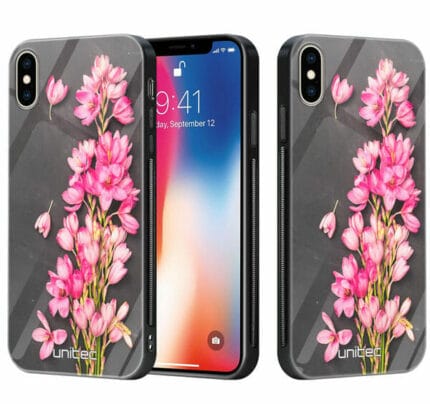 iPhone XS Max unitec suojakuori 2 Pink Flowers on Carbon Grey Background