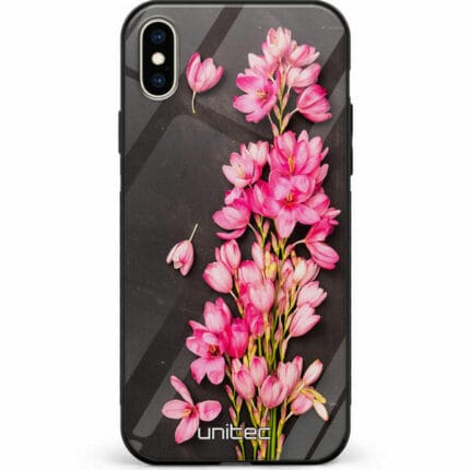 iPhone XS Max unitec suojakuori Pink Flowers on Carbon Grey Background