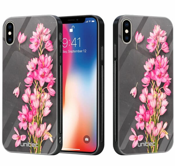 iPhone XS unitec suojakuori 2 Pink Flowers on Carbon Grey Background