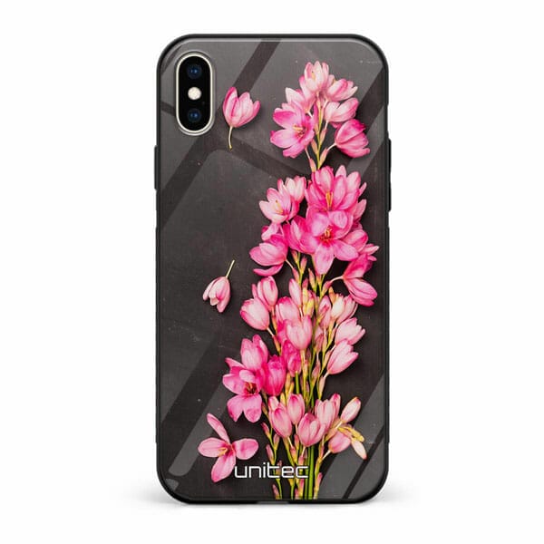 iPhone XS unitec suojakuori Pink Flowers on Carbon Grey Background