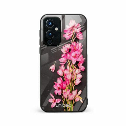 OnePlus 9 Unitec Suojakuori Pink Flowers on Carbon Grey Background