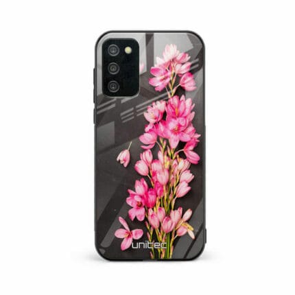 Samsung Galaxy A03s Unitec Suojakuori Pink Flowers on Carbon Grey Background
