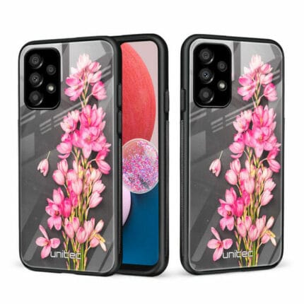 Samsung Galaxy A13 4G Unitec Suojakuori 2 Pink Flowers on Carbon Grey Background