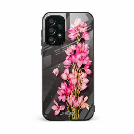 Samsung Galaxy A13 4G Unitec Suojakuori Pink Flowers on Carbon Grey Background