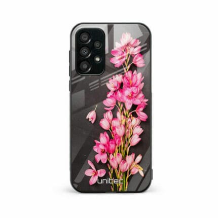 Samsung Galaxy A33 5G Unitec Suojakuori Pink Flowers on Carbon Grey Background