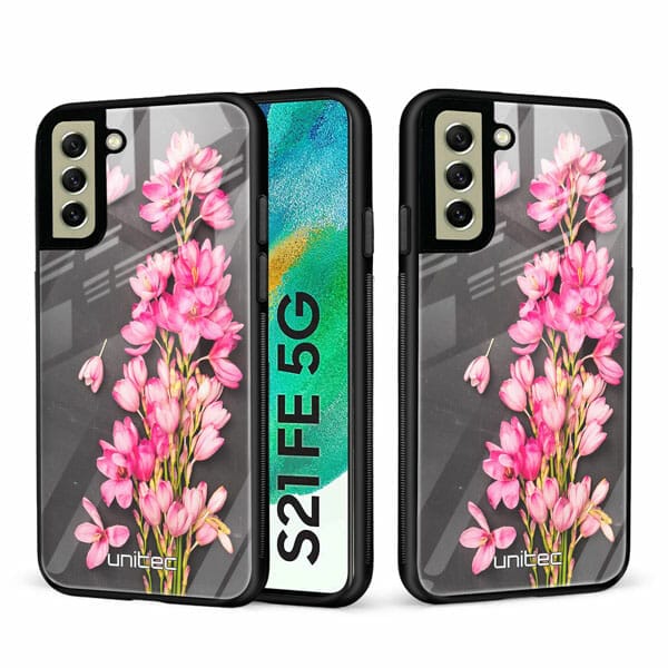 Samsung Galaxy S21 FE 5G Unitec Suojakuori 2 Pink Flowers on Carbon Grey Background