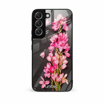 Samsung Galaxy S22 Plus 5G Unitec Suojakuori Pink Flowers on Carbon Grey Background